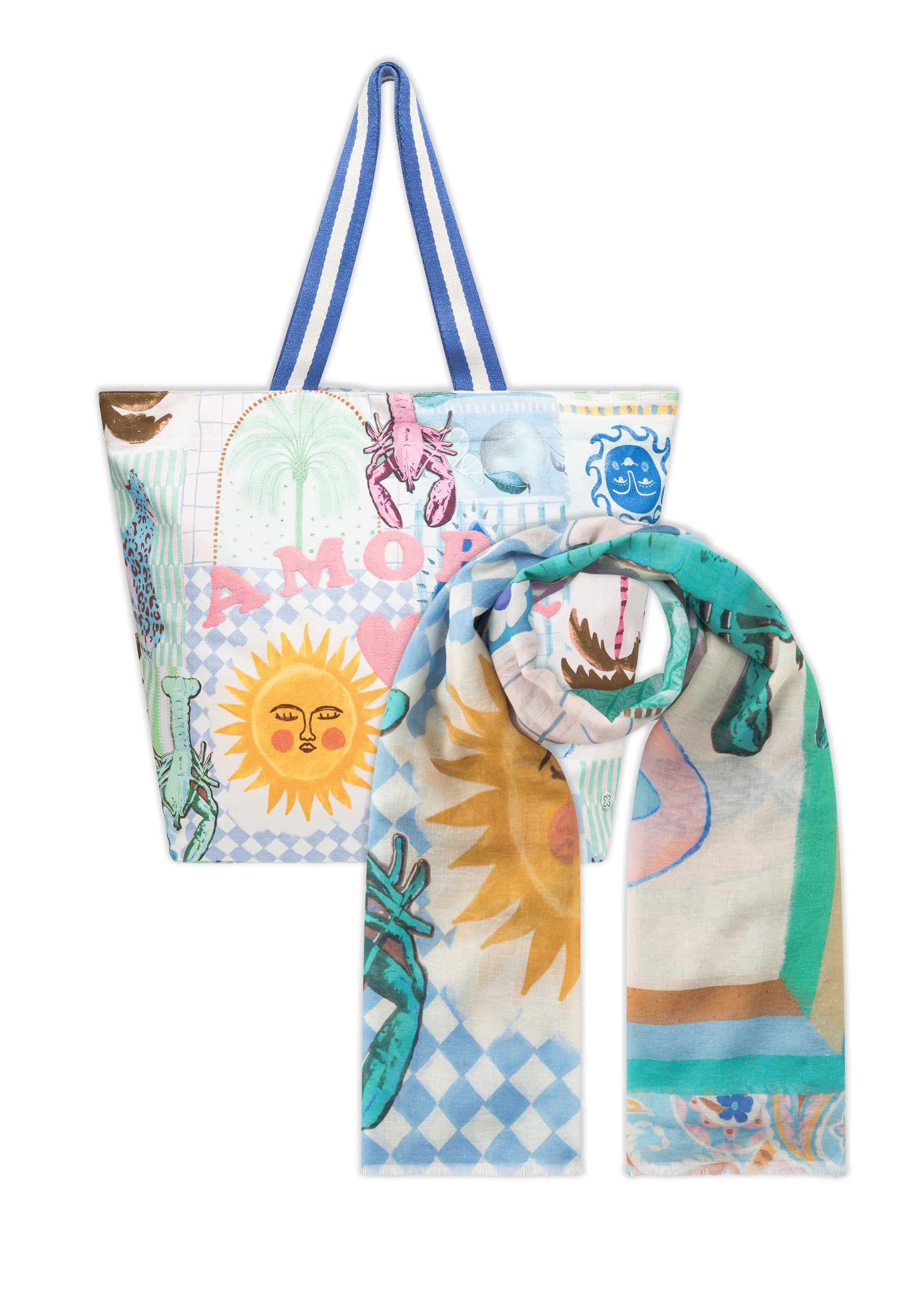 codello-set-aus-sommerschal-und-shopper-in-blau-mit-amore-stickerei image 1